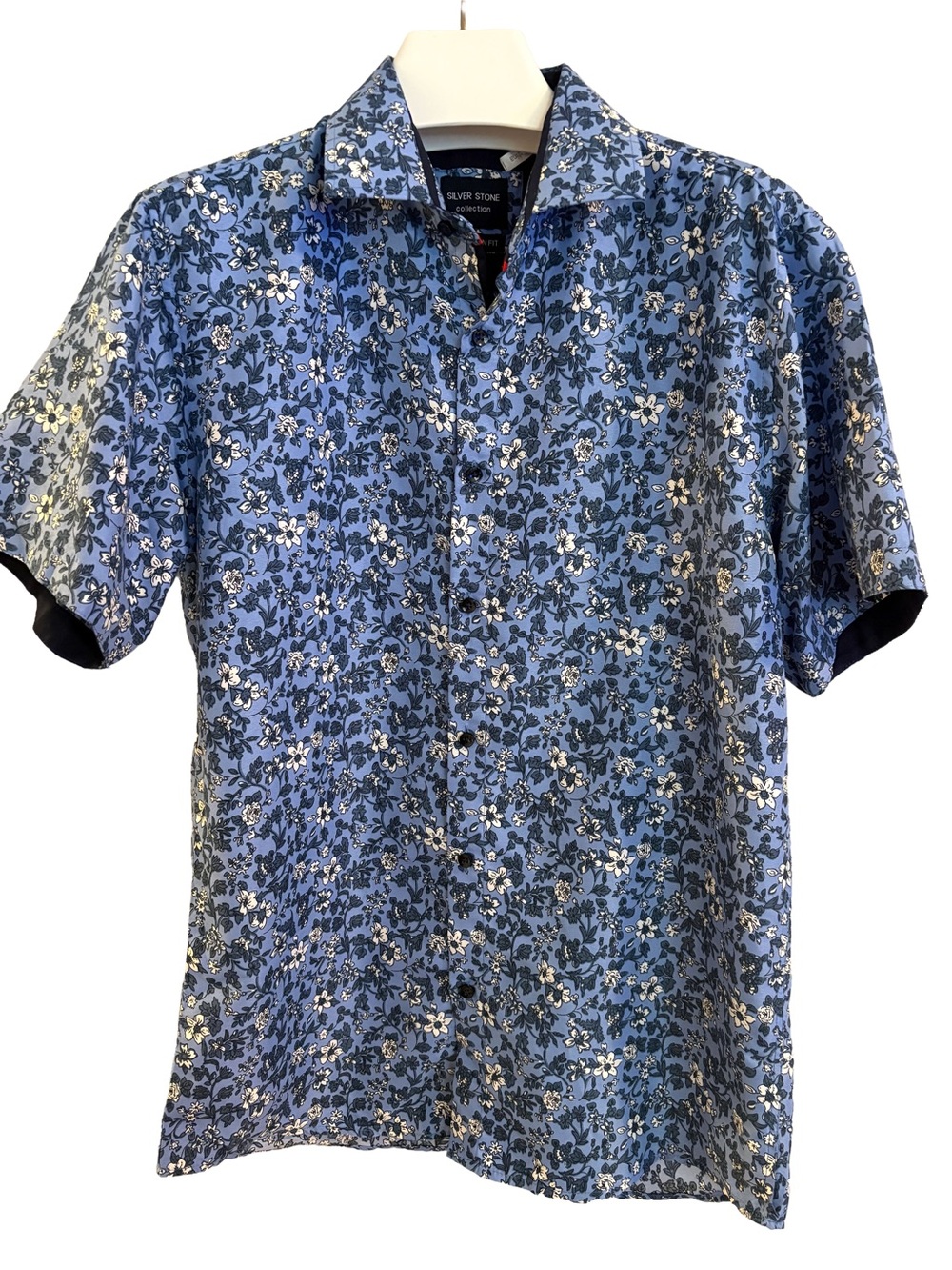 Men’s Silver Stone Collection Blue Floral Short-Sleeve Shirt, Size S